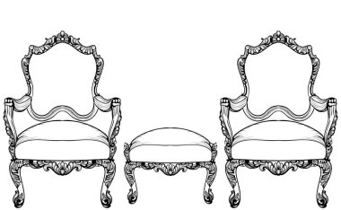 İmparatorluk Barok koltuk lüks süsler ile ayarla. Fransız lüks zengin karmaşık yapısı vektör. Royal Victoria tarzı dekor