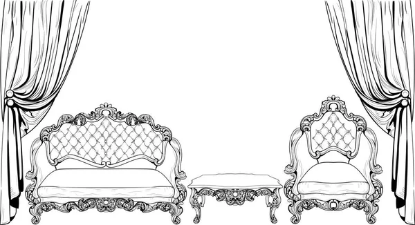 Императорская мебель в стиле барокко с роскошными орнаментами. Векторная французская роскошь богата интригами. Королевский стиль викторианской эпохи — стоковый вектор