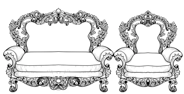 Sofá barroco y sillón con lujosos ornamentos. Vector francés de lujo rica estructura compleja. Decoración estilo real victoriano — Vector de stock
