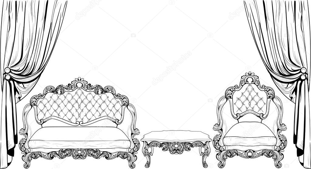 Imperial Baroque furniture set with luxurious ornaments. Vector French Luxury rich intricate structure. Victorian Royal Style decor