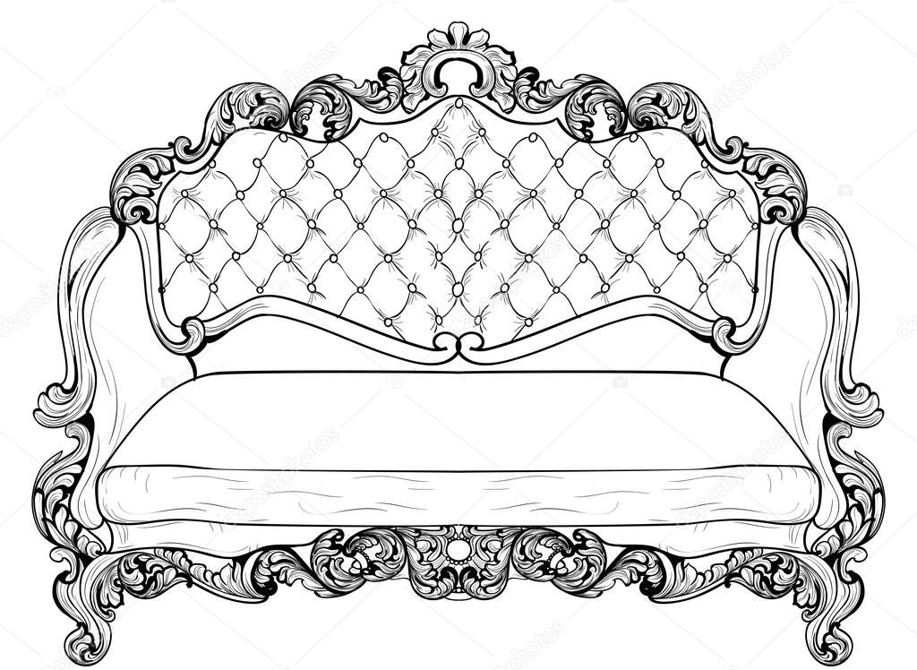 Baroque sofa with luxurious ornaments. Vector French Luxury rich intricate structure. Victorian Royal Style decor