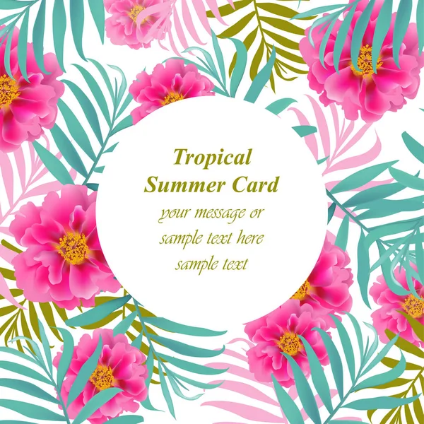 Tropikal vektör çiçekli yuvarlak kart. Palmiye yaprakları ve egzotik çiçekler Summerl şablon tasarımı — Stok Vektör