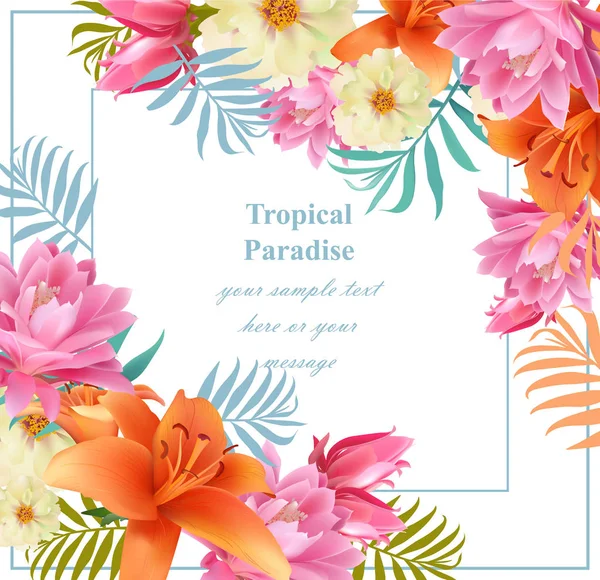 Τροπικό διάνυσμα floral κάρτα. Summerl πρότυπο σχεδιασμού με φύλλα φοίνικα και εξωτικά λουλούδια — Διανυσματικό Αρχείο