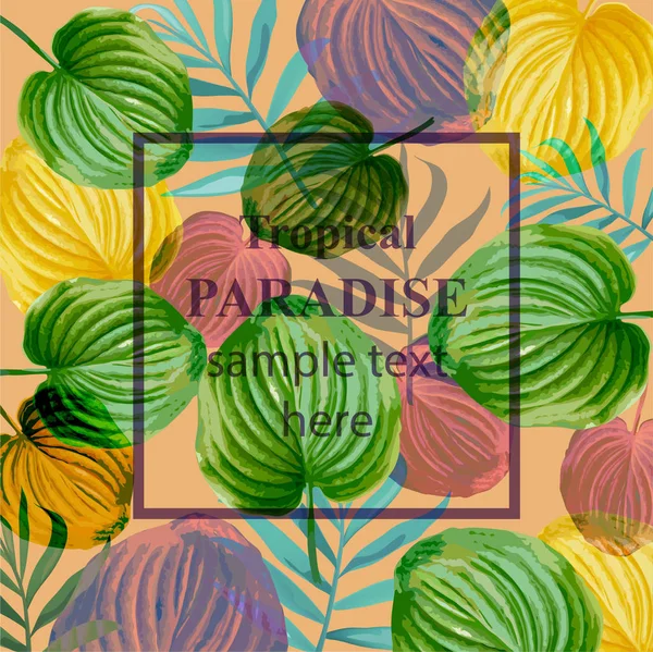 Тропічна векторна зелена картка. Дизайн літнього шаблону з пальмовим листям та екзотичними квітами — стоковий вектор