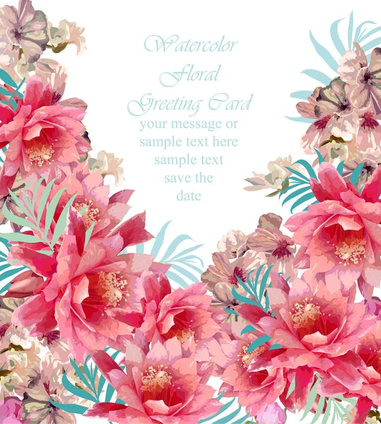 여름 작 약 꽃 꽃 카드 프레임입니다. 봄 시즌 섬세 한 수채화 꽃 결혼식 초대 합니다. 텍스트에 대 한 장소입니다. 벡터 일러스트 레이 션 — 스톡 벡터