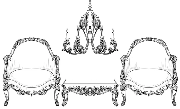 Sillón barroco con lujosos ornamentos. Vector francés de lujo rica estructura compleja. Decoración estilo real victoriano — Vector de stock