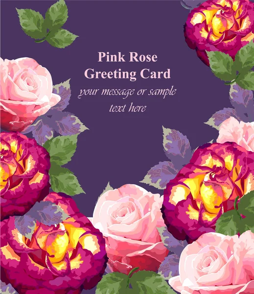 Tarjeta rosas rosadas Vector. delicada tarjeta de verano. Composición natural fresca de primavera púrpura — Vector de stock