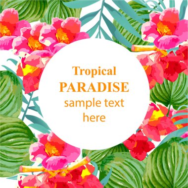 Tropik cennet vektör çiçekli yuvarlak kart. Palmiye yaprakları ve egzotik çiçek Summerl şablon tasarımı