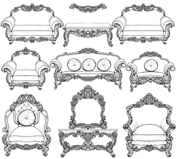 Бароко меблі комплект з розкішним орнаменти. Векторні французький люксовий багаті складні структури. Королівський вікторіанський стиль декору — стоковий вектор