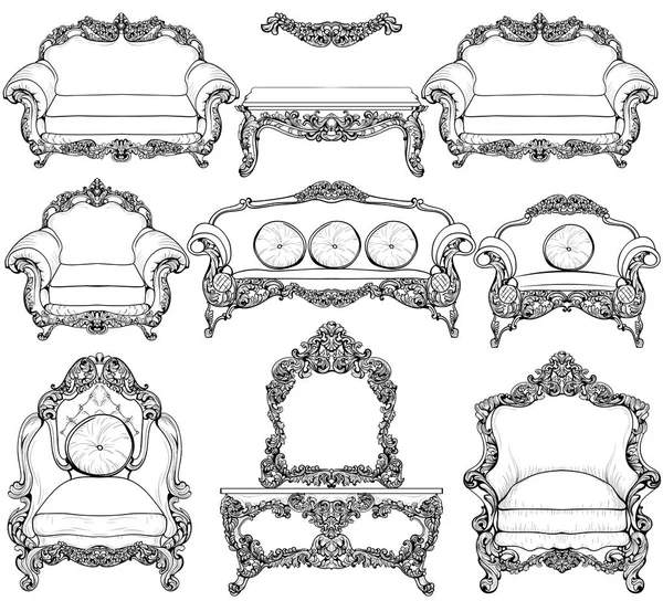 바로크 가구는 고급 스러운 장식으로 설정입니다. 벡터 프랑스어 럭셔리 풍부한 복잡 한 구조입니다. 빅토리아 왕 스타일 장식 — 스톡 벡터