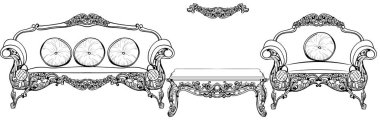 Barok salon mobilya ile lüks süsler ayarla. Fransız lüks zengin karmaşık yapısı vektör. Royal Victoria tarzı dekor