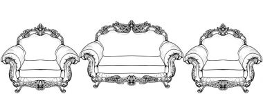 Oturma odası mobilya takımı. Barok koltuk lüks süslemeli. Fransız lüks zengin karmaşık yapısı vektör. Royal Victoria tarzı dekor