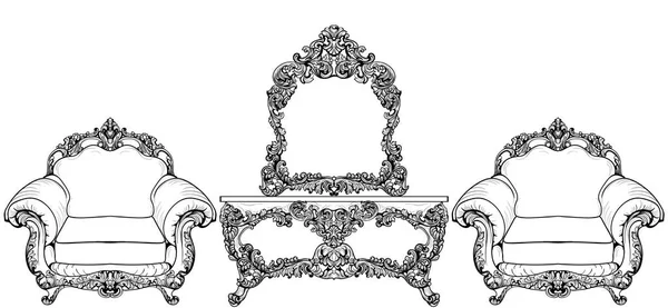 Conjunto de móveis da sala de estar. Poltrona barroco com ornamentos luxuosos. Vector francês Luxury estrutura complexa rica. Decoração estilo real vitoriano —  Vetores de Stock