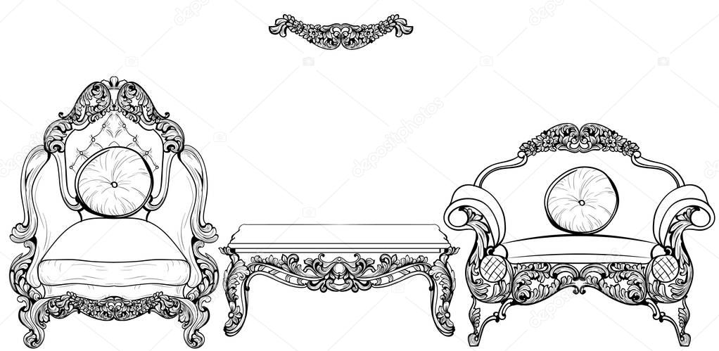 Baroque armchair and table set with luxurious ornaments. Vector French Luxury rich intricate structure. Victorian Royal Style decor