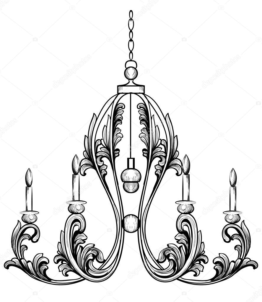 Rich Rococo Classic chandelier. Luxury decor accessory design. Vector illustration sketch