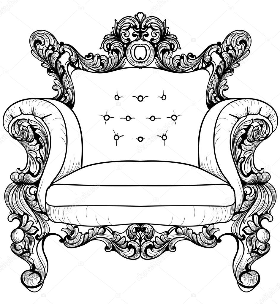 Baroque armchair with luxurious ornaments. Vector French Luxury rich intricate structure. Victorian Royal Style decor