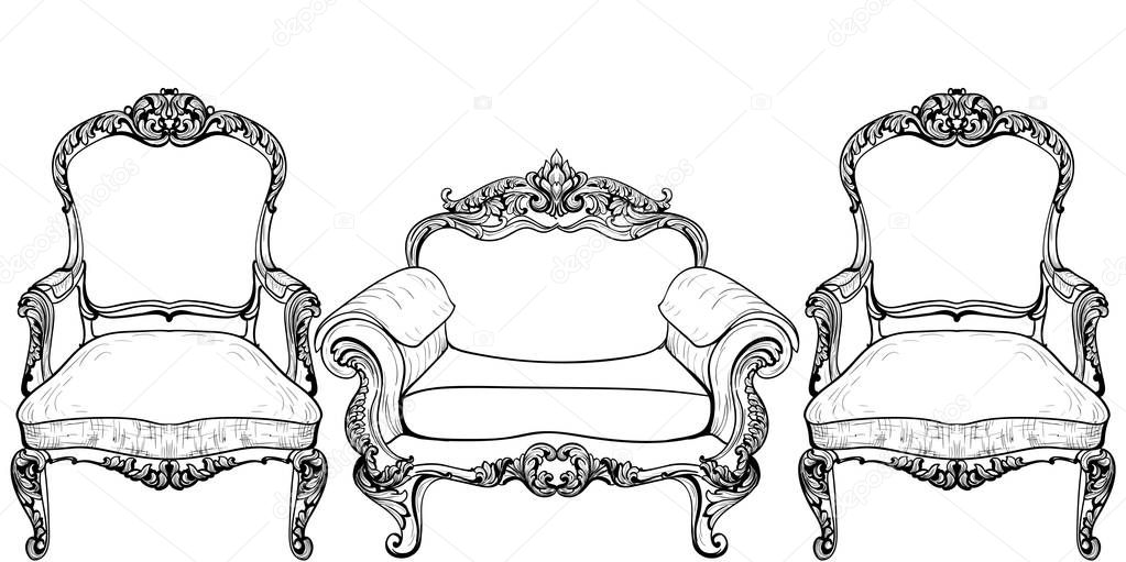 Living room furniture set. Baroque armchair with luxurious ornaments. Vector French Luxury rich intricate structure. Victorian Royal Style decor