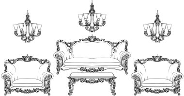 Barok mobilya ile lüks süsler ayarla. Fransız lüks zengin karmaşık yapısı vektör. Royal Victoria tarzı dekor