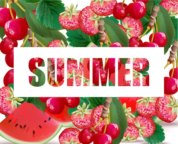 Letní vodní meloun, jahody, třešně fusion pozadí vektor — Stockový vektor