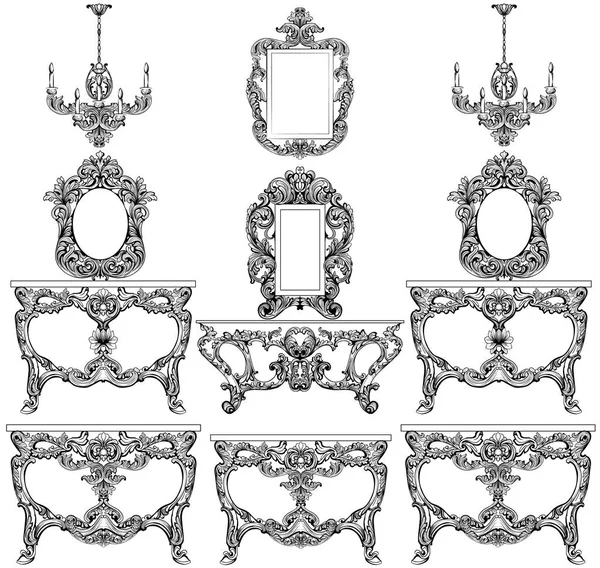 Barocka möbler set med lyxiga ornament. Vector franska lyxiga rika invecklade strukturen. Viktorianska Royal inredning — Stock vektor