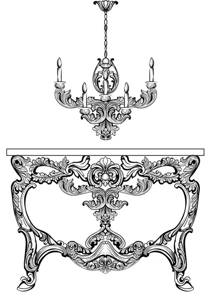 Grawerowane wspaniałe barokowe konsola i żyrandol. Wektor francuskim luksusowy bogaty skomplikowane zdobiony struktury. Wiktoriański wystrój Royal — Wektor stockowy