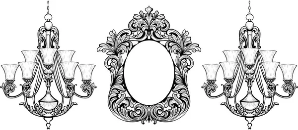 Fabuleux ensemble de miroirs baroques et de lustres. Vector French Ornements sculptés riches de luxe. Meubles victoriens de style riche — Image vectorielle