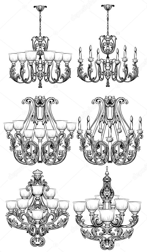 Rich Baroque Classic chandelier set. Luxury decor accessory design. Vector illustration sketch