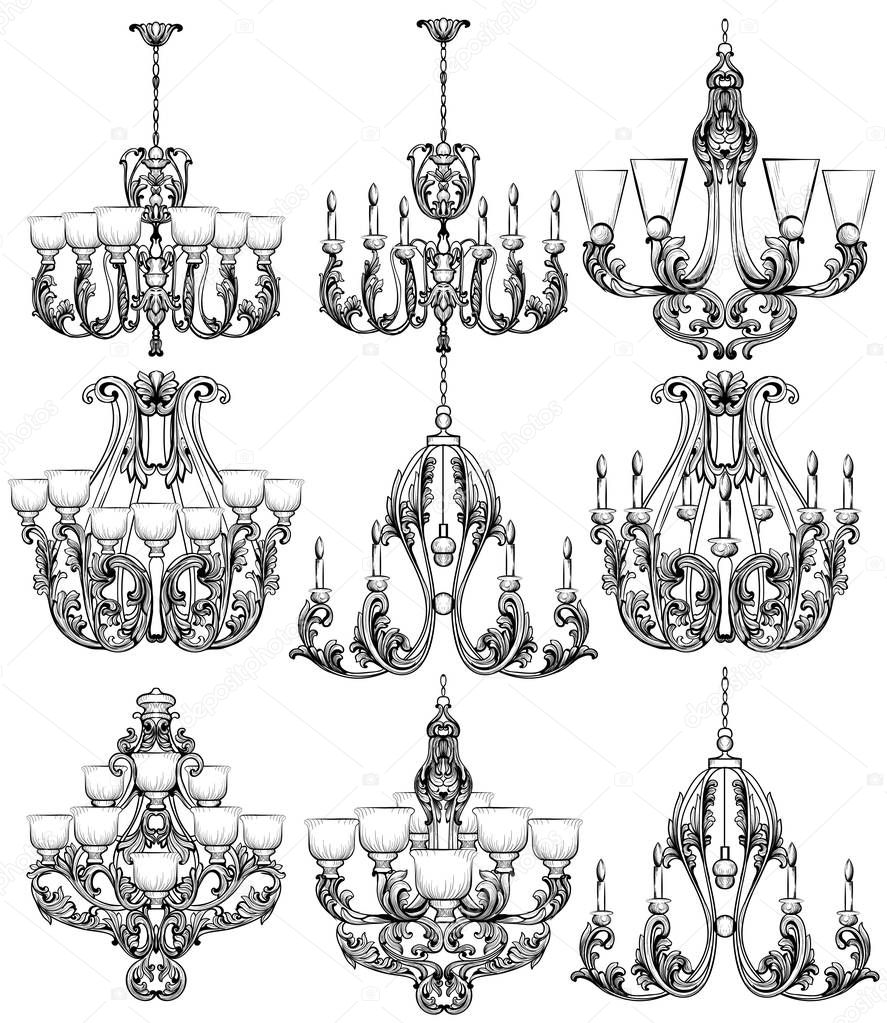 Rich Baroque Classic chandelier set. Luxury decor accessory design. Vector illustration sketch