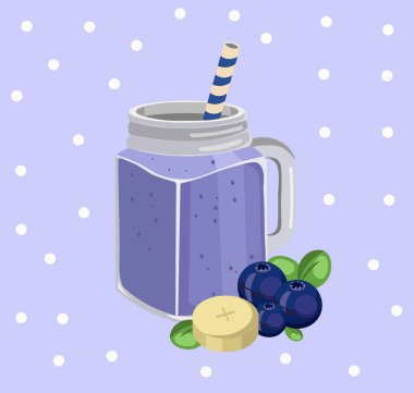 Blueberry smoothie vektör. Taze içki retro tarzı arka plan