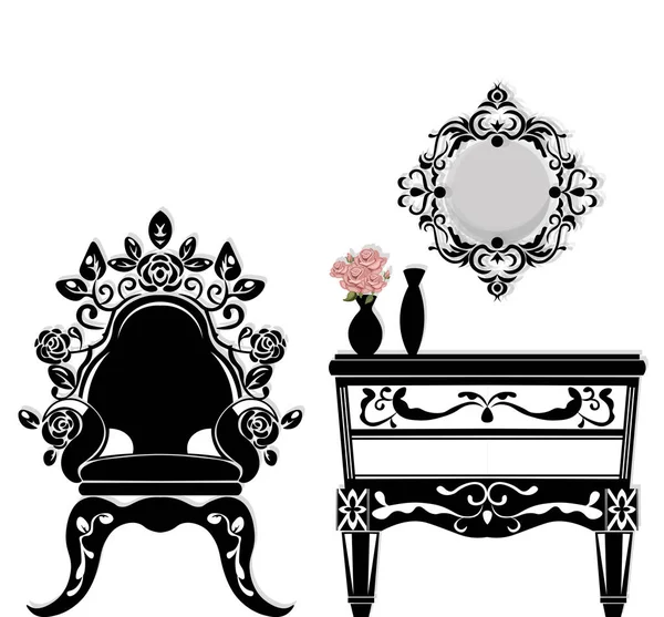 Conjunto rico en muebles barrocos negros. Decoración ornamentada a mano. Ilustración vectorial — Vector de stock