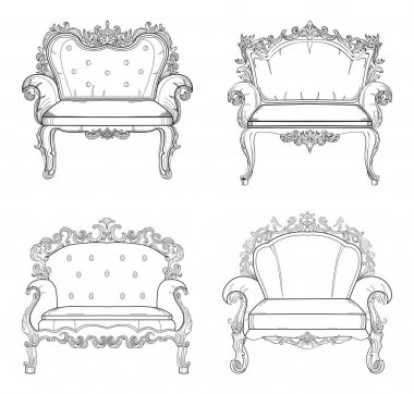 Barok mobilya zengin koleksiyon küme. Süslü arka plan vektör çizim