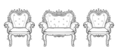 Barok mobilya zengin koleksiyon küme. Süslü arka plan vektör çizim