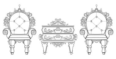 Barok mobilya zengin koleksiyon küme. Süslü arka plan vektör çizim