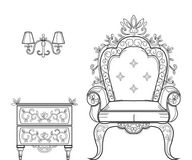 Barok mobilya zengin koleksiyon küme. Süslü arka plan vektör çizim