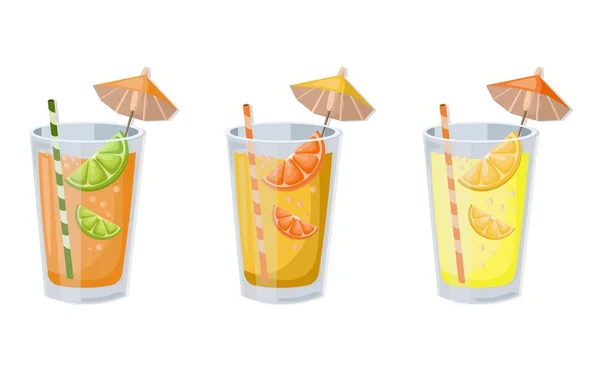 Verão cocktail frutas conjunto vetor. Bebida fresca estilo retro fundo — Vetor de Stock