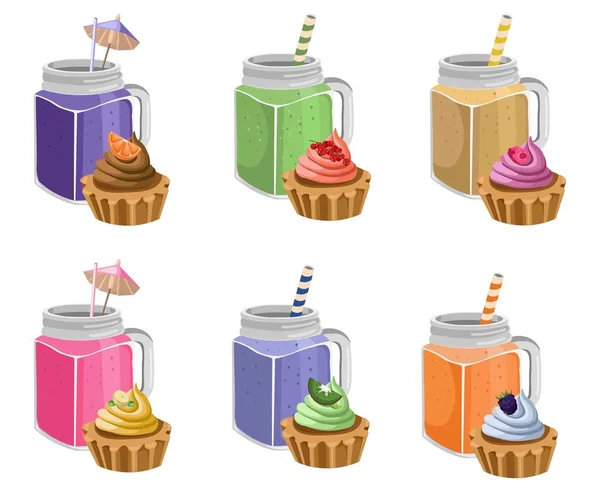 Muffins y bebidas smoothie colección Vector conjunto — Vector de stock