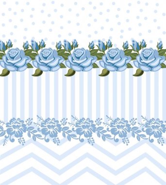 Vintage colorful Floral card Vector summer blue roses pattern. Hand drawn illustration clipart