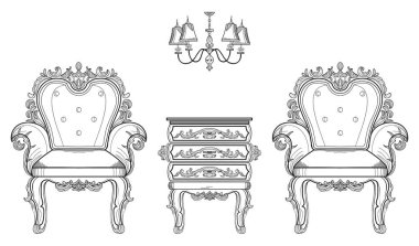 Barok mobilya zengin koleksiyon küme. Süslü arka plan vektör çizim