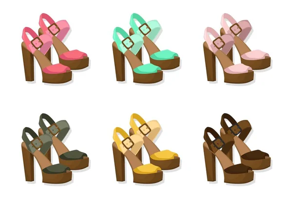 Haut talons chaussures ensemble collection été tendances vectoriel illustration détaillée — Image vectorielle