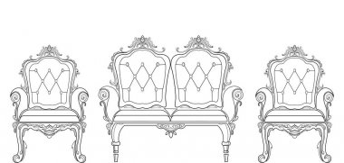 Barok mobilya zengin kanepe ve koltuk. El yapımı süslü dekor. Vektör çizim