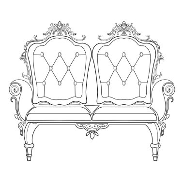 Barok mobilya zengin kanepe. El yapımı süslü dekor. Vektör çizim