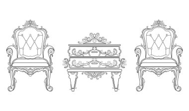 Barok mobilya zengin koleksiyon küme. Süslü arka plan vektör çizim