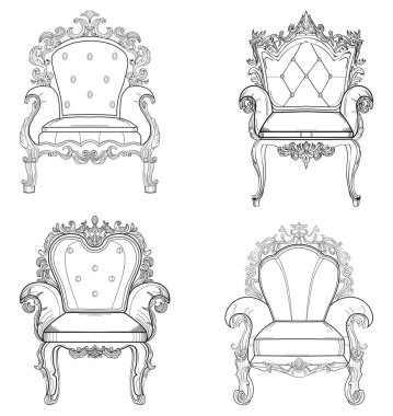 Barok mobilya zengin koltuk set. El yapımı süslü dekor. Vektör çizim