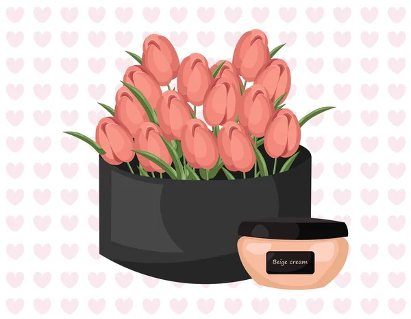 Рожевий крем косметичний і квітковий букет подарунок Векторні ілюстрації — стоковий вектор