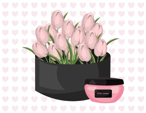 Różowy krem kosmetyczny i tulip kwiatowy bukiet prezent wektor ilustracja — Wektor stockowy