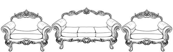 Set di mobili soggiorno. Poltrona barocco con ornamenti di lusso. Vettoriale francese Lusso ricca struttura intricata. Decorazione vittoriana in stile reale — Vettoriale Stock