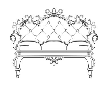 Barok mobilya zengin kanepe. Süslü dekor vektör çizim