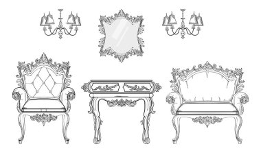 Barok mobilya zengin koleksiyon küme. Süslü arka plan vektör çizim