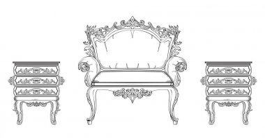 Barok mobilya zengin koleksiyon küme. Süslü arka plan vektör çizim