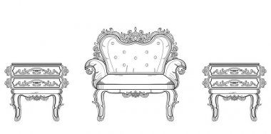 Barok mobilya zengin koleksiyon küme. Süslü arka plan vektör çizim